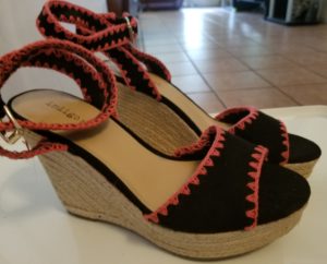 indigo rd pink and black wedge sandals